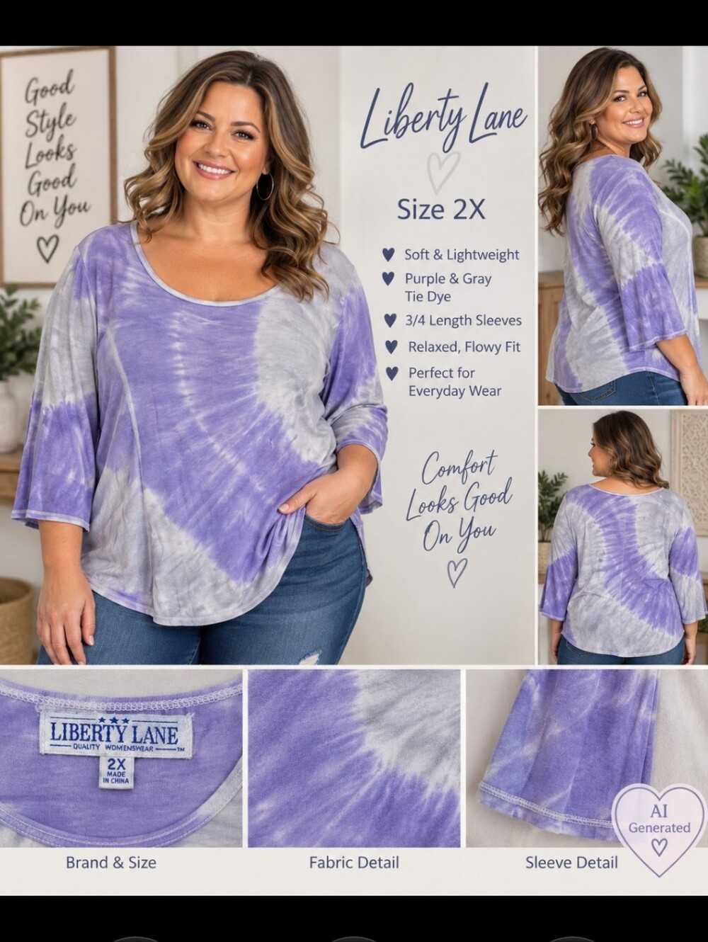 Liberty Lane Tie Dye Workout Top, Purple & Gray